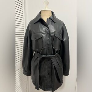 Sleek New Black Faux Leather Belted Jacket